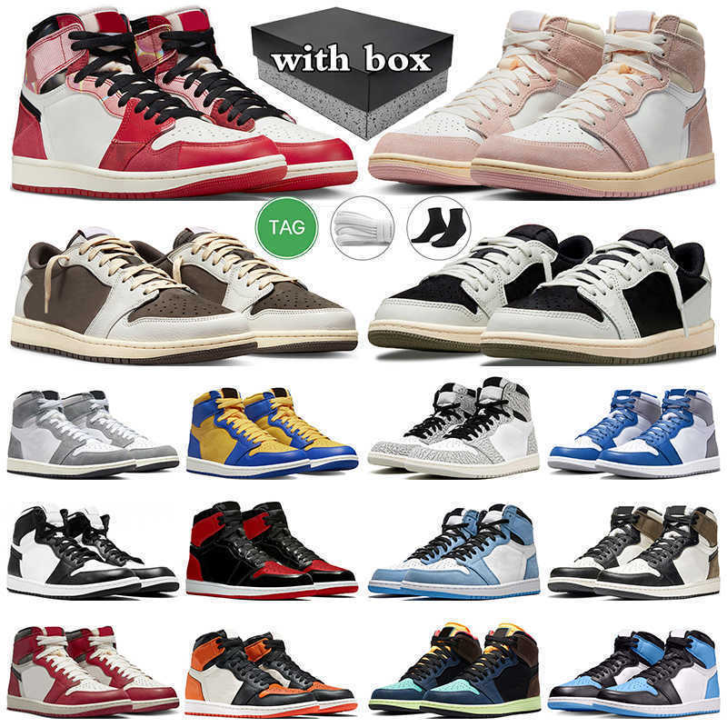 

box with jumpman 1 basketball shoes 1s mens sneakers Black Phantom Washed Heritage Pink Olive White Cement Reverse Mocha Bred Patent womens trainers sports, 27