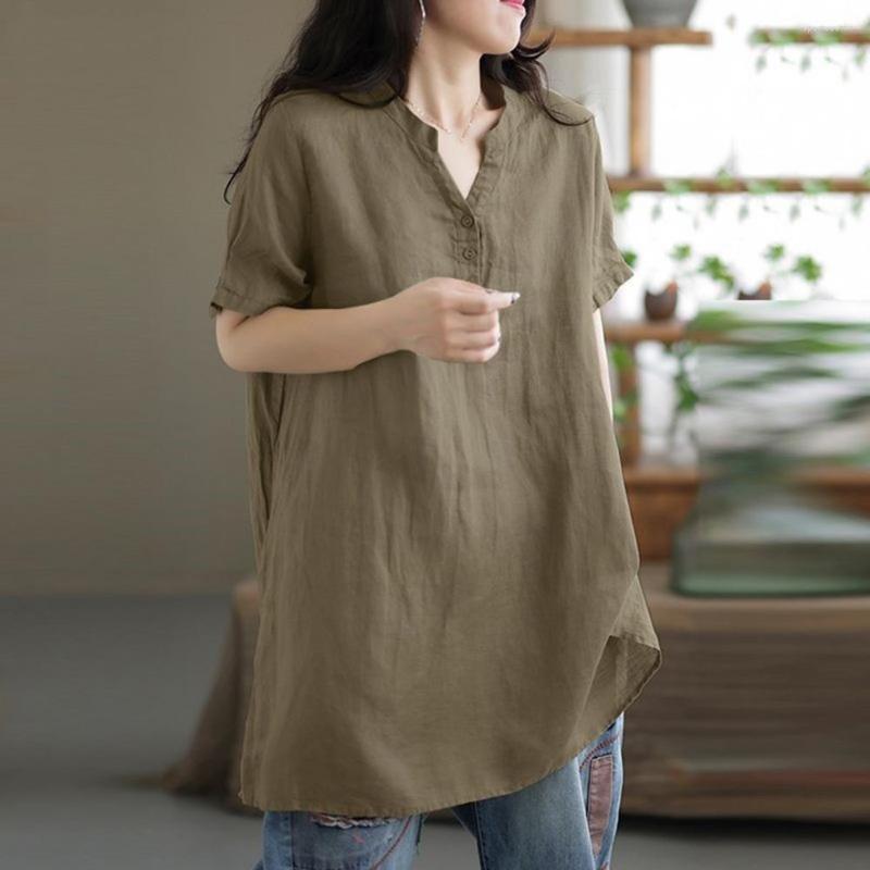 

Women's Blouses Women Summer Top Short Sleeves V Neck Mid Length Solid Color Pullover Soft Thin Casual Loose Buttons Lady Daily Shirt, White