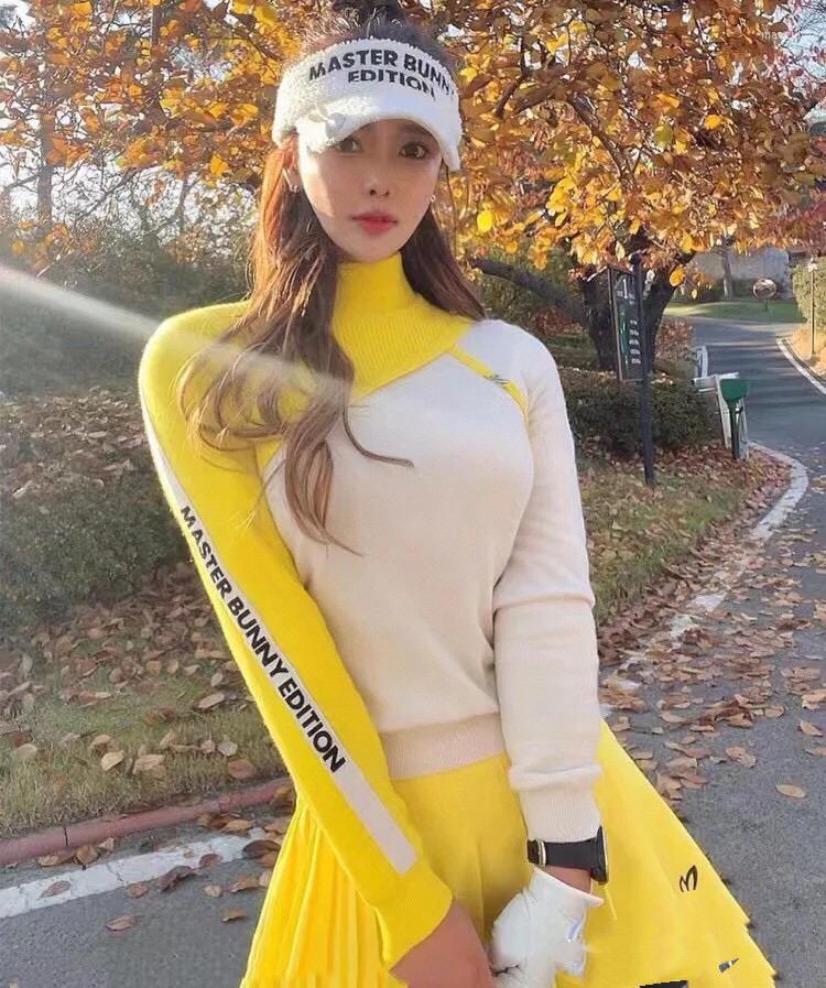

Gym Clothing Spring And Summer Golf Women' Knitted Top Bright Long Sleeve Half Neck Slim Fit Elastic Versatile Casual, Yellow