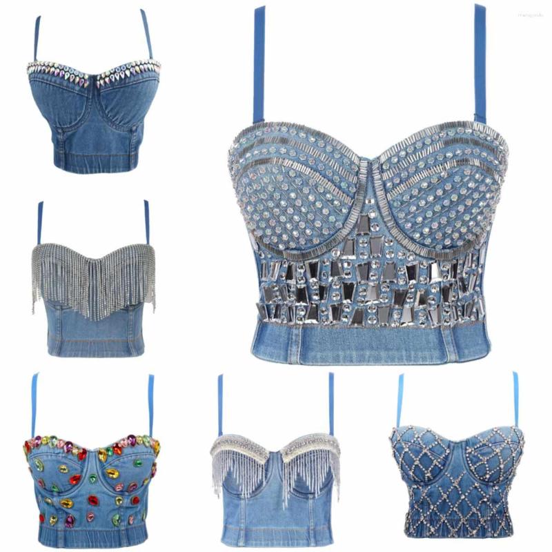 

Women' Tanks 2023 Sexy Denim Rhinestone Corset Camisoles Bustiers Bra Party Club Streetwear Lingerie Look Stage Costumes, 10