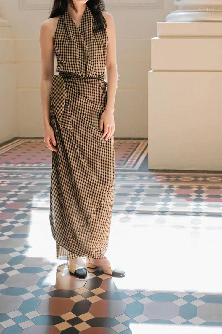 

Skirts C0rtan Summer/Spring Women Skirt Casual Viscose Light Brown Plaid Knot Ankle-Length High Waist Vintage Lace-up Belt A-Line, Multi