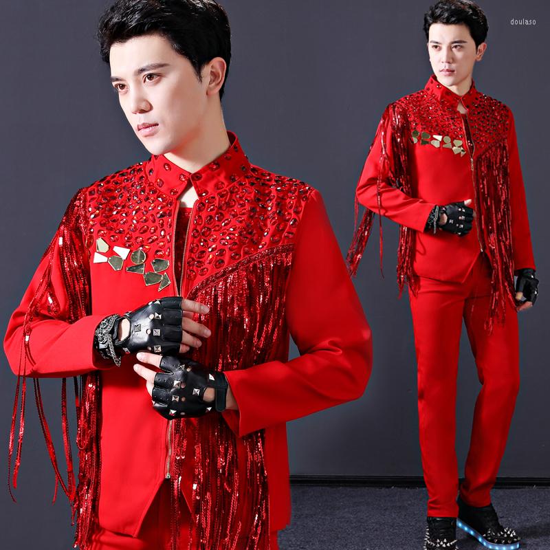

Stage Wear Bar Dj Costumes Male Red Fringed Sequined Coat Jacket Men's Singer Film Performance Nightclub Rave Outfit DNV11965, 1pcs coat