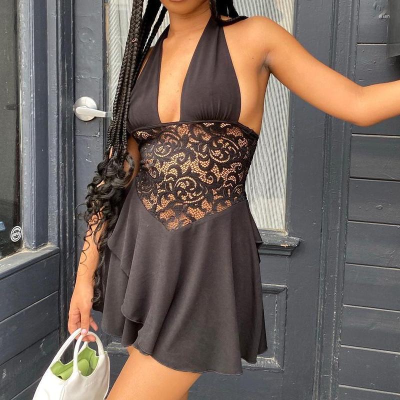 

Casual Dresses Summer Fashion Retro Women' Style Hanging Neck Halter Lace Hollow Slim Dress Sexy Sling Y2k Gothic V-neck Skirt Black