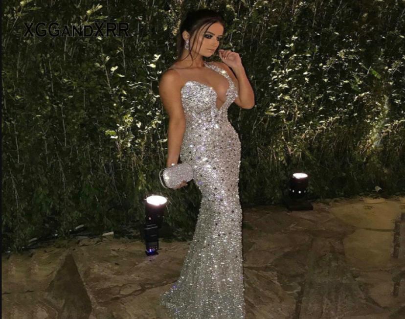

Luxury Mermaid Prom Dress 2020 Long Evening Gowns Scoop Sparkling Beaded Crystal Illusion Neck Birthday Party Wear Dubai8929949, Blue