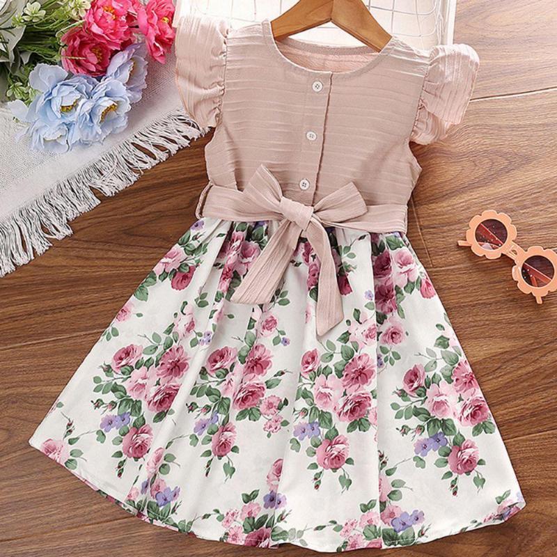 

Girl Dresses 2023 Girls Summer Sleeve Floral Dress Children Vintage Flower Button Crew Neck Belt Simple Toddler Party, Pink