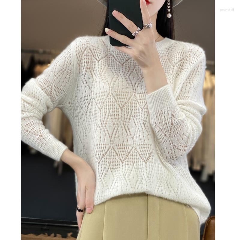 

Women' Sweaters Merino Wool Women' Sweater Solid Color Knitted Hollow O Neck Pullover Soft And Delicate 2023 Selling, Beige
