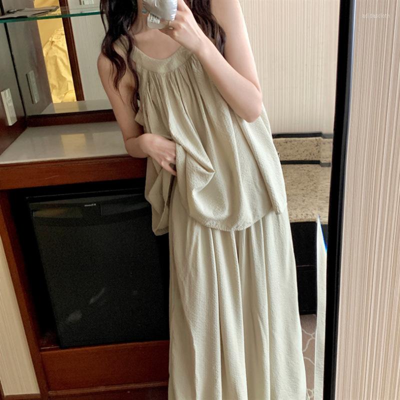 

Women's Sleepwear Summer Women's Solid Color Pajama Set Cotton Blend Grey Sleeveless Sling Round Neck Nightwear Ventilate Pants Casual