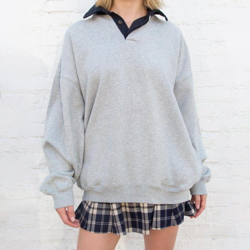 

Women's Hoodies Fashion Patchwork Cotton Sweatshirt Women 2023 Autumn Winter Turn Down Collar Long Sleeve Y2k Tops Simple Casual Oversize, Gray