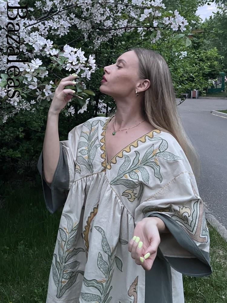 

Casual Dresses Bazaleas 2023 Summer V-Neck Flare Three Quarter Sleeve Leisure Vacation Style Loose Mini Dress Women Embroidery, Picture shown