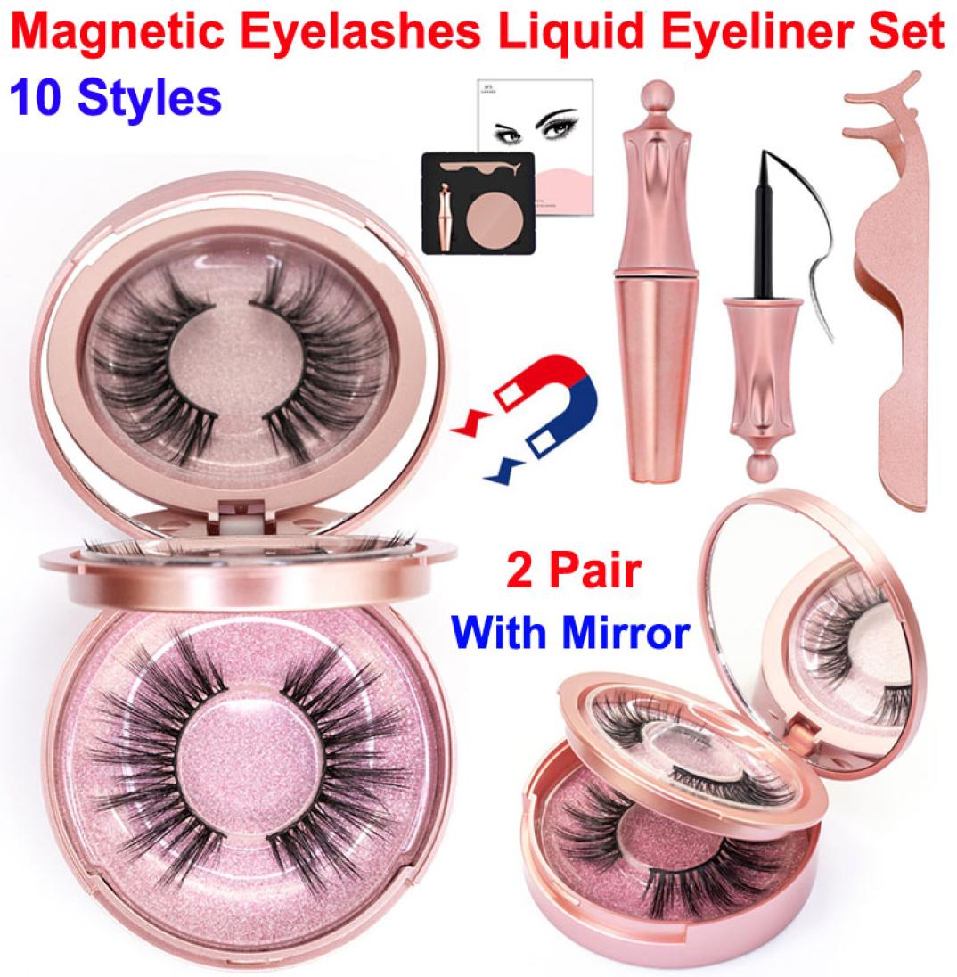 

Magnetic Eyelashes Liquid Eyeliner Set 2 Pair False Eyelashes with Tweezer makeup mirror 5 magnet 3D eyelash reusable No Glue Need1025101