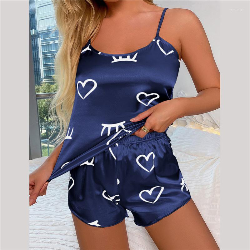 

Women' Sleepwear Fashion Sexy Pajama Set Women' 2 Pieces Love Heart Print Pyjamas Silk Satin Cami Top Shorts Pajamas For Women