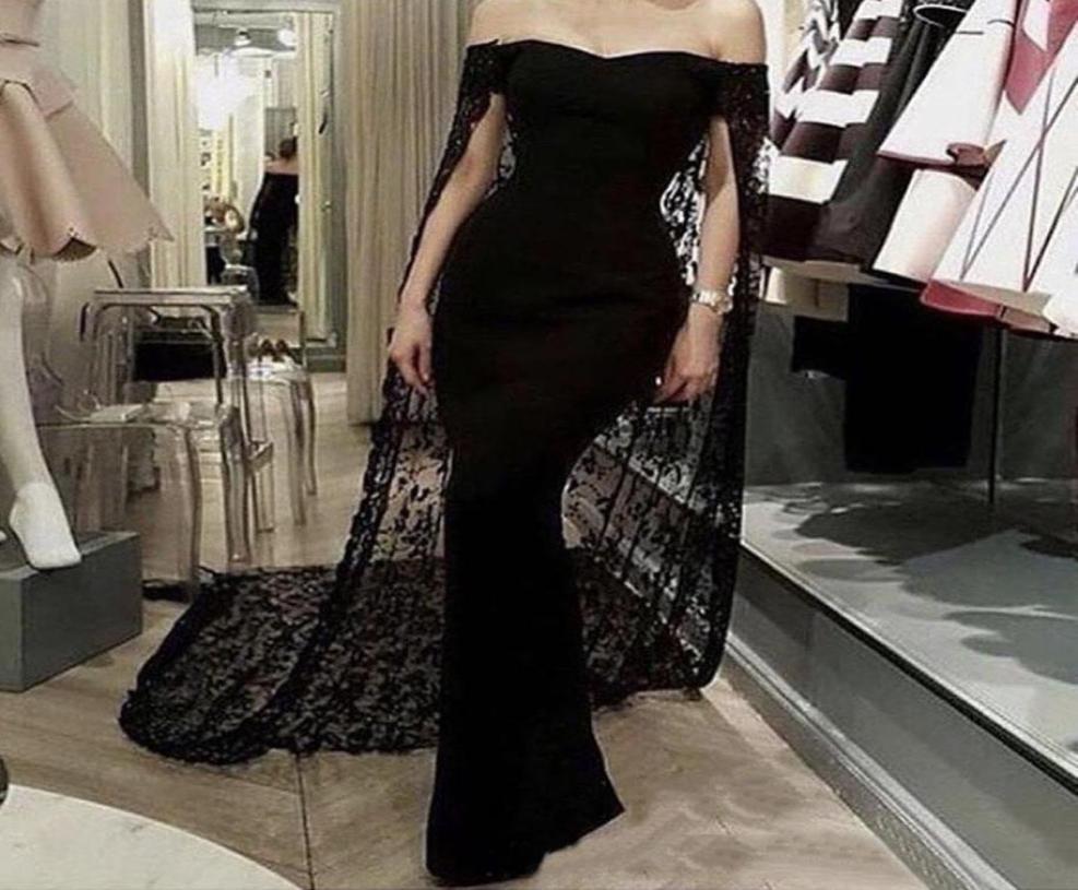 

Custom New Black Mermaid Evening Dresses With Cape Off The Shoulder Full Lace Saudi Arabic Formal Red Carpet Dress Sweep Train Pro8985806, Dark navy