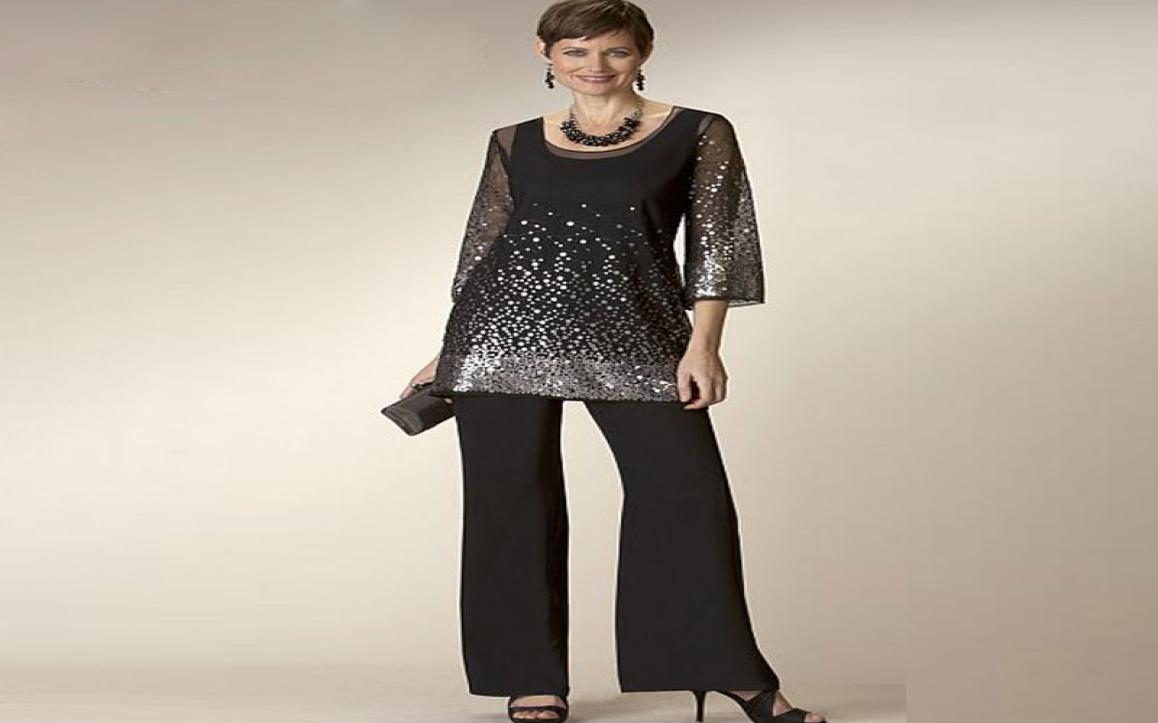 

Black Sequined Long Sleeves Mother Of The Bride Pant Suits Scoop Neckline Wedding Guest Dress Plus Size Chiffon Mothers Groom Dres7863240