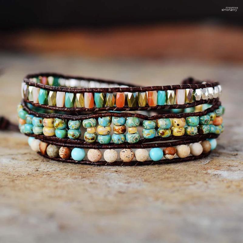 

Strand High End Beads Wrap Bracelets W/ Stones Rhinestone 3 Strands Leather Bracelet Bijoux Femme Boho Handmade Jewelry Wholesale
