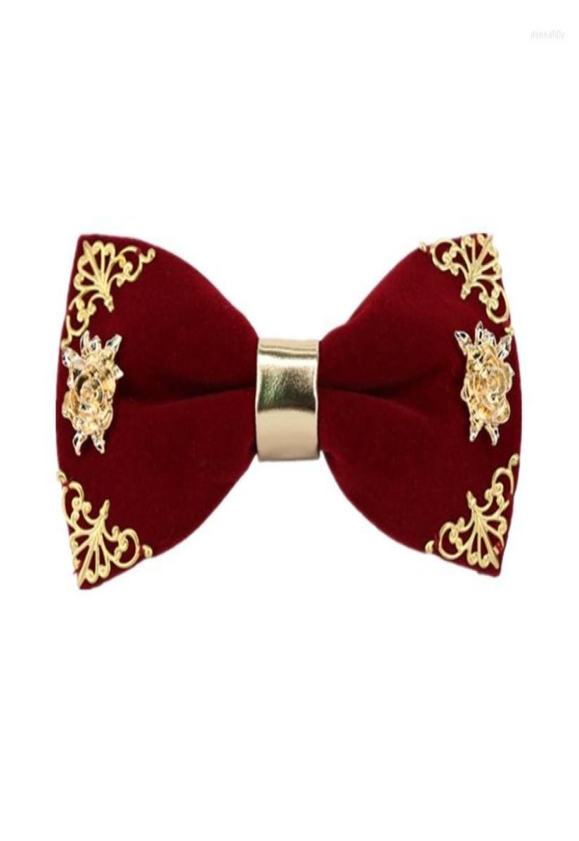 

Bow Ties Glod Mental Leaf Flower Decoration Red Black Velvet Handmade Mens Wedding Bowtie Donn221907955