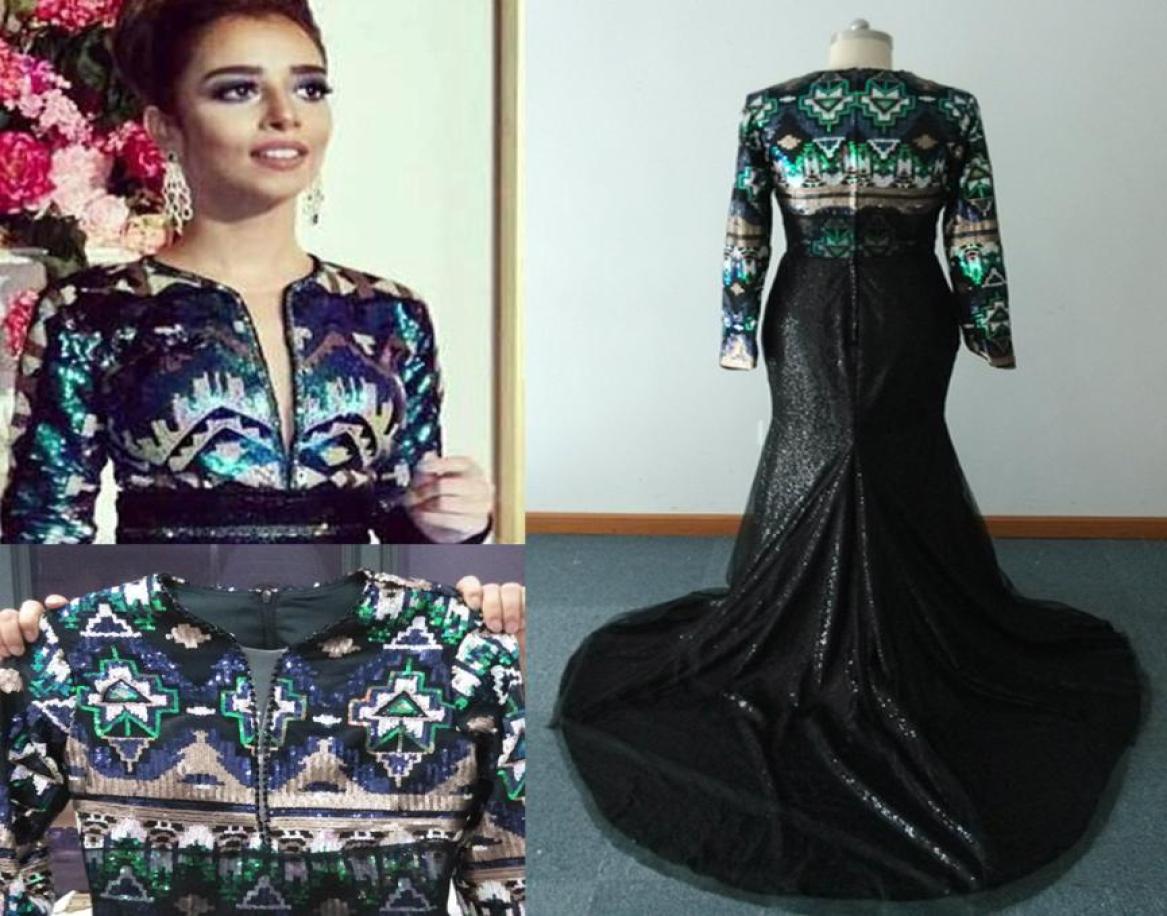 

Real Sequins Evening Dresses 2016 with Geometric Patterns Mermaid V Neck Long Sleeve Floor Length Sweep Train Prom Gowns8078347, Black