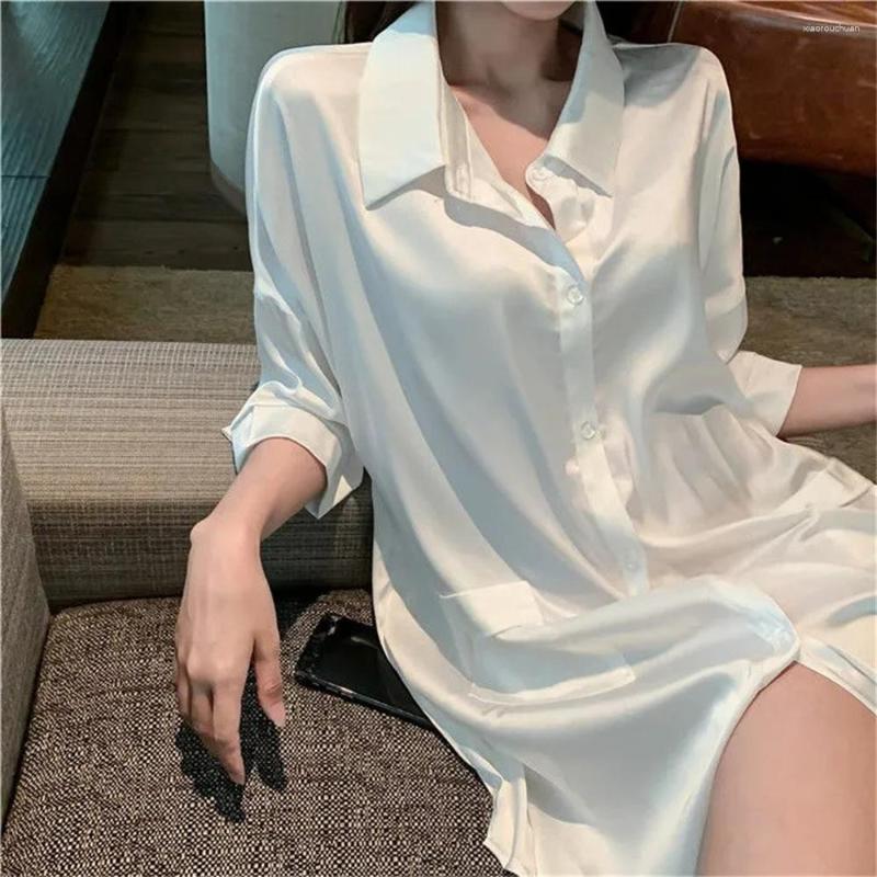 

Women's Blouses Design Chic Ins Spring Summer Ice Silk Sexy Thin Boyfriend Style White Shirt Comfortable Mid Length Korean Fashion Blouse