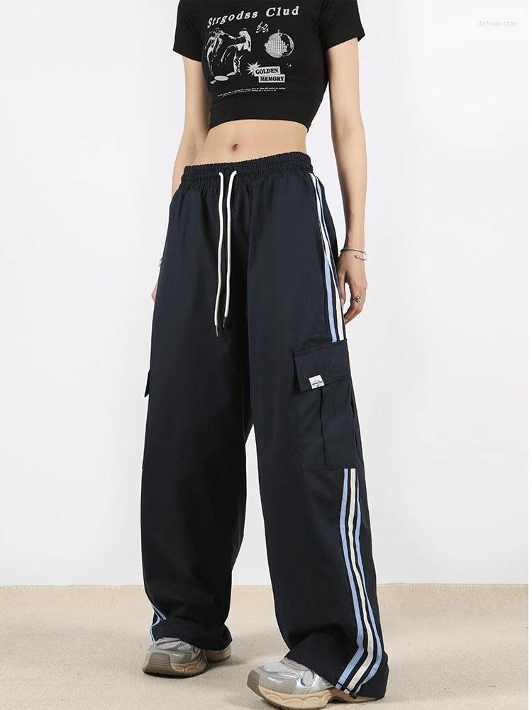 

Women's Pants Retro Striped Cargo Pant Women Korean Fashion Loose Elastic Waist Wide Leg Trousers 2023 American Overalls Sweatpants Ladies, Khaki