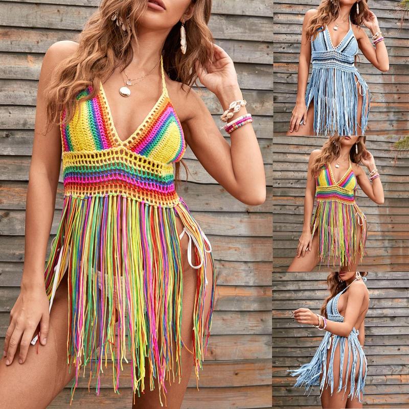 

Women's Swimwear Women'S Bikini Cover Up Hand Crocheted Knit Halter Vintage Tassel Dress Vacation, Blue
