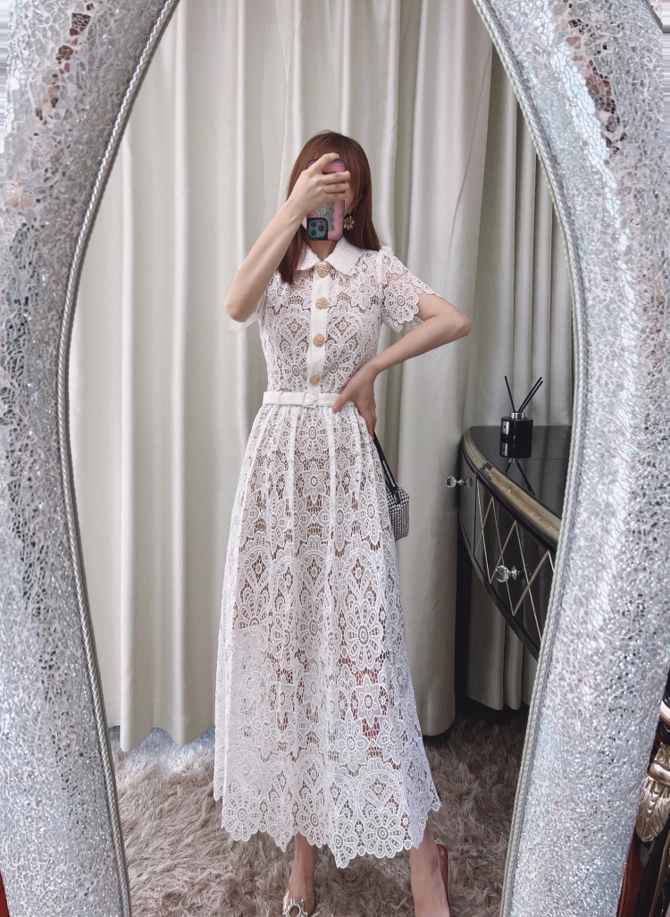 

Auth S-elf Portrait White Long Dress Women's Short Sleeve Lapel Lace