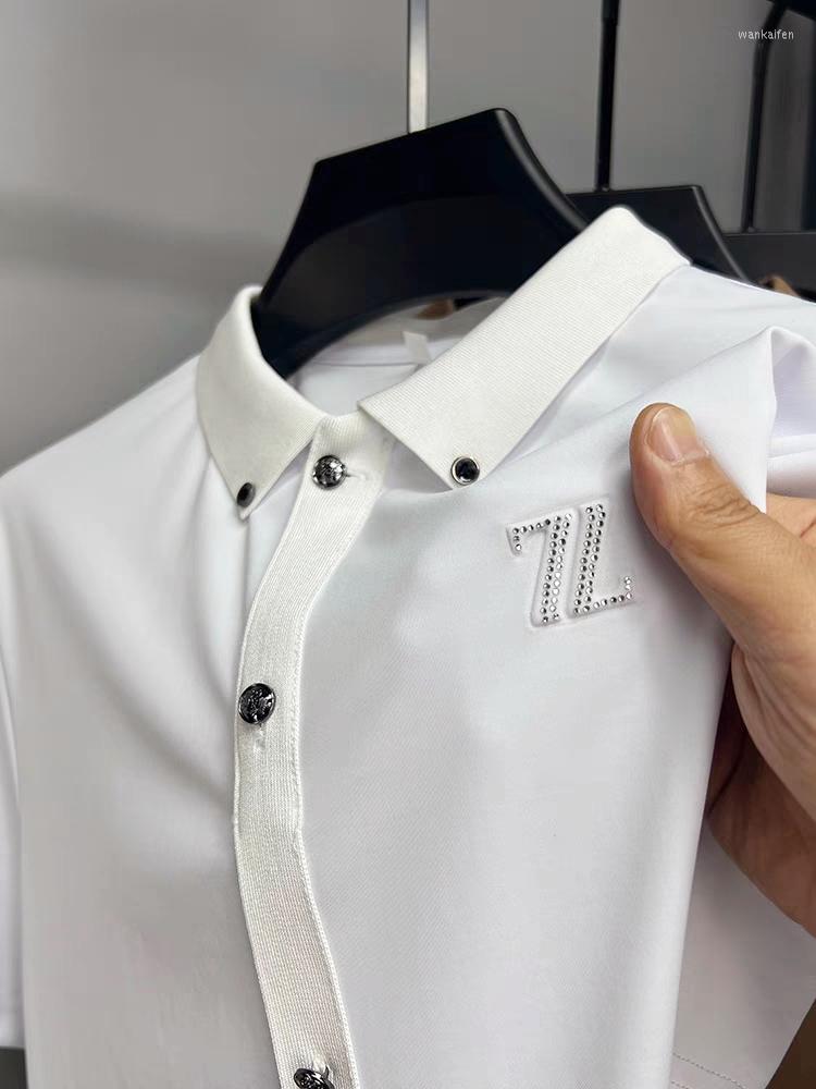 

Men's T Shirts 2023 Fashion Splice Lapel Short Sleeve T-shirt Men's Summer High End Silk Half Shirt Casual Business Boutique Polo, Black