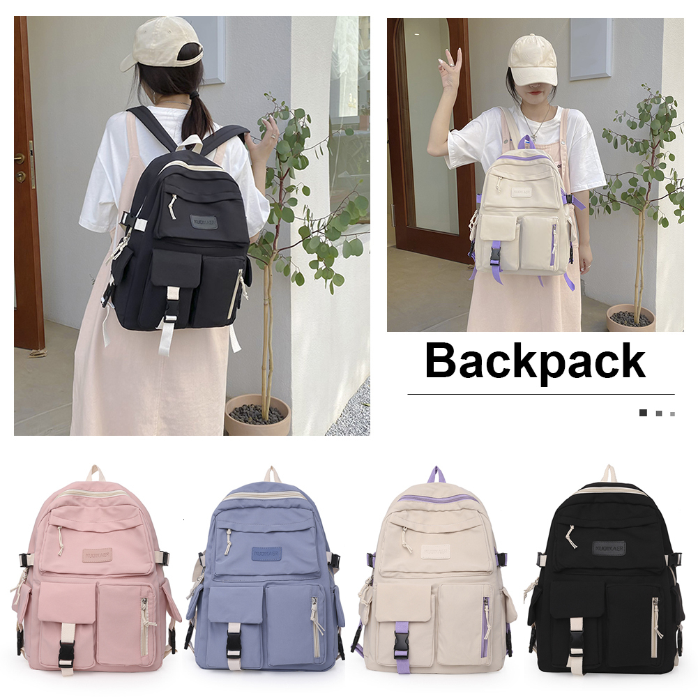 

School Bags Solid Color Large Capacity Student Schoolbag Female Travel Bag Canvas Backpack Laptop Schoolbag 230627, Pink