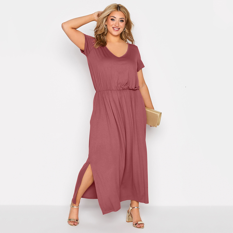 

Plus size Dresses Size Vneck Elegant Summer Casual Dress Short Sleeve Elastic Waist Maxi Straight Split Side Weekend Beach 7XL 230627, Rust red