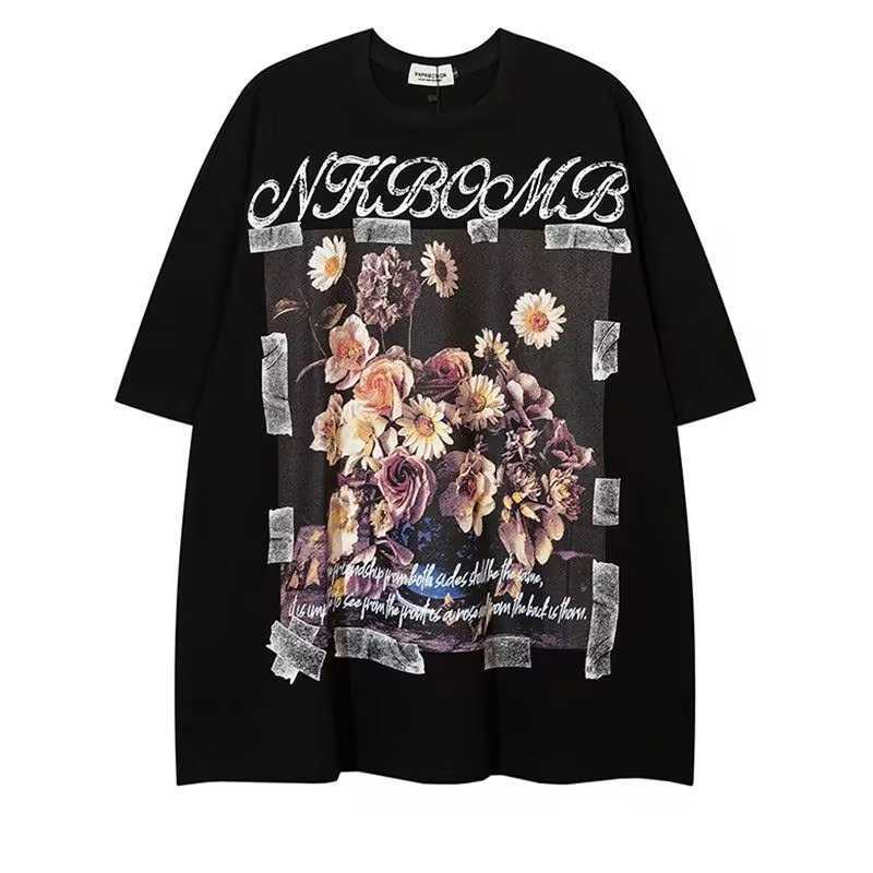 

American Trendy retro floral print short sleeved T-shirt for men and women, ins European and American hip-hop oversize street top stussysi {category}, Black 240g