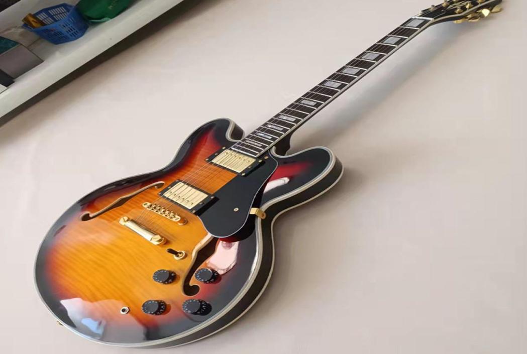 

Memphis 335 Semi hollow Sunset Jazz Electric Guitar Flame Maple veneer side and back shell inlay custom binding6876135