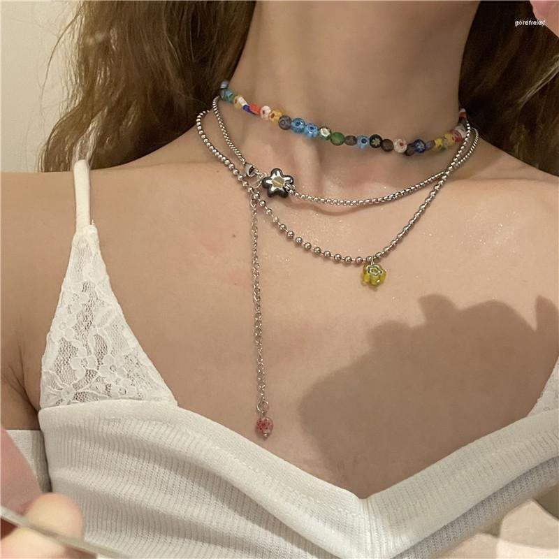 

Chains 2023 Design Sense Texture 3 Layered Necklaces Colorful Flowers Bohemian Necklace Women