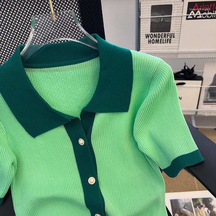 

Women's Sweaters Polo Neck Striped Knitting Women Pullovers Sweater Short Sleeves Green Color Lady Tops Jumpers
