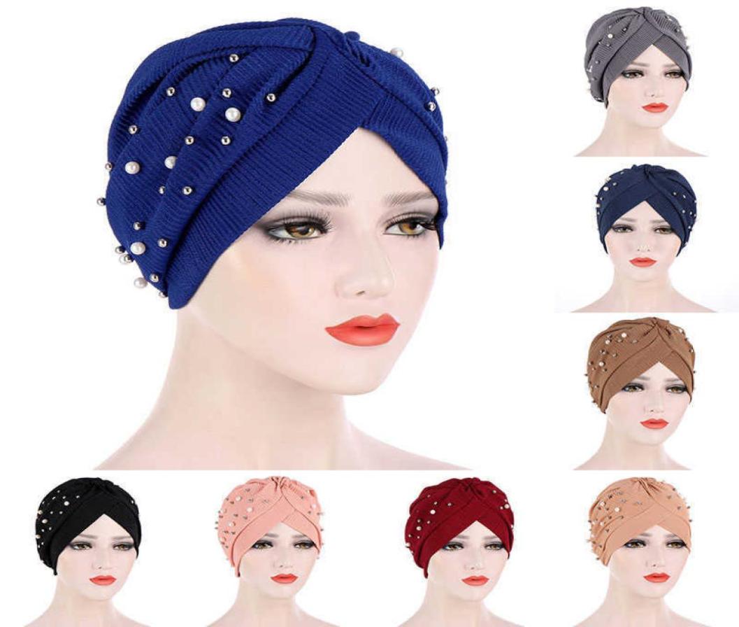 

New Women Indian Arab Wrap Women Muslim Turban Caps Pearl ed Hijab Bonnet Inner Hijab Caps muslim HeaddrReady To Wear X08039577955