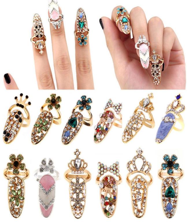

Bowknot Nail Ring Charm Crown Flower Crystal Finger Nail Rings For Women Lady Rhinestone Fingernail Protective Fashion Jewelry2505786
