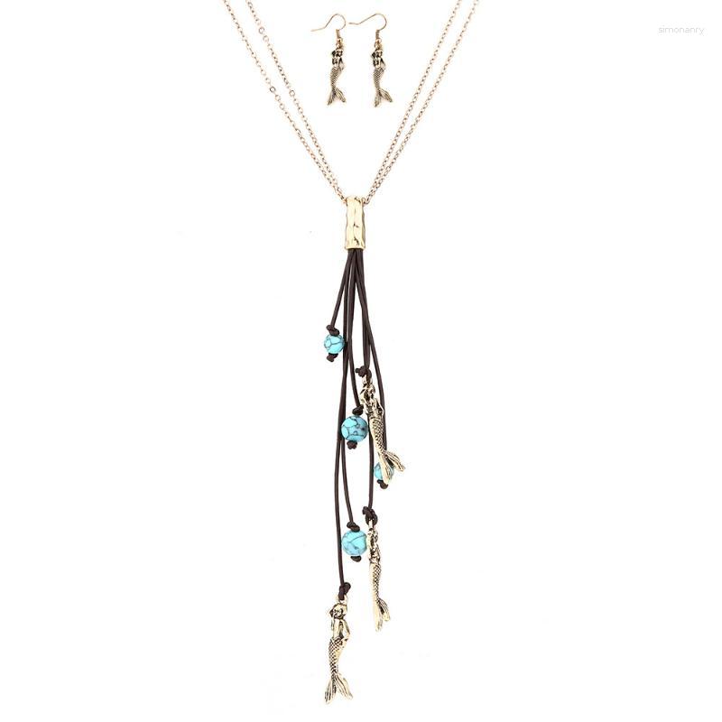 

Necklace Earrings Set & Lureme Vintage Long Mermaid Blue Stone Tassel Jewelry For Women Gift (js000708), Picture shown