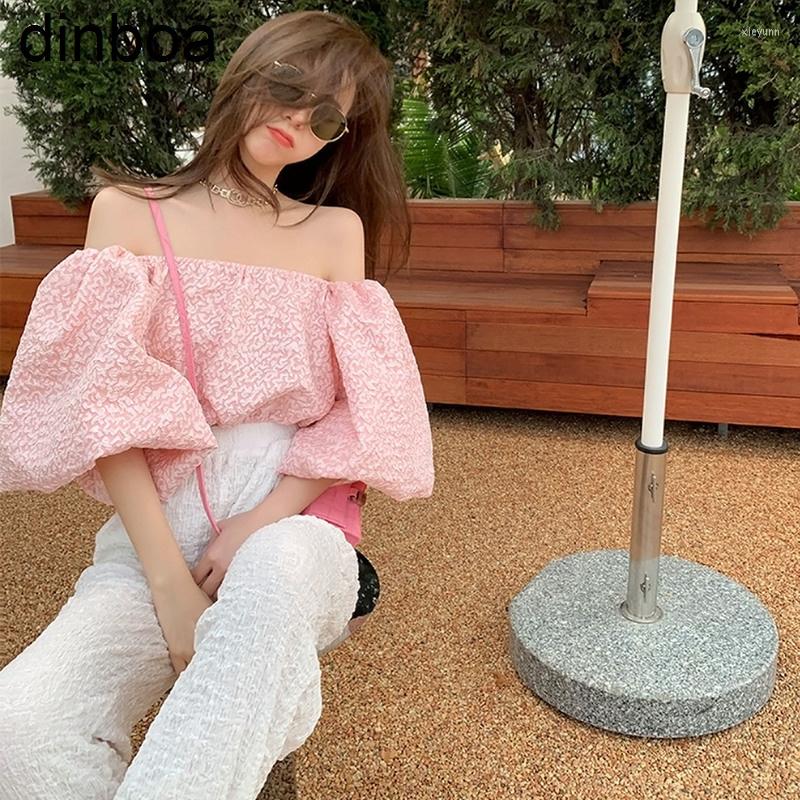

Women's Blouses Dinboa 2023 Brand Women Cute Crop Top Slash Neck Off Shoulder Bubble Sleeve Summer Blouse Blusa Camisas De Mujer, Pink