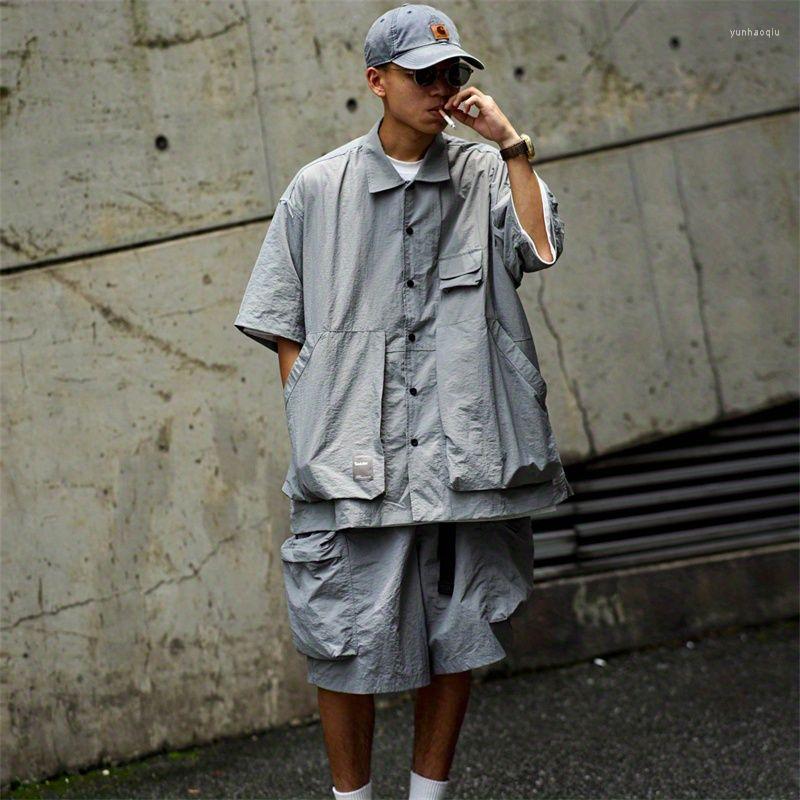

Men's Tracksuits Japanese Functional Tooling Short-sleeved Shirt Shorts Suit Summer Men's Loose Retro Solid Multi-pocket Set Male, Grey pant