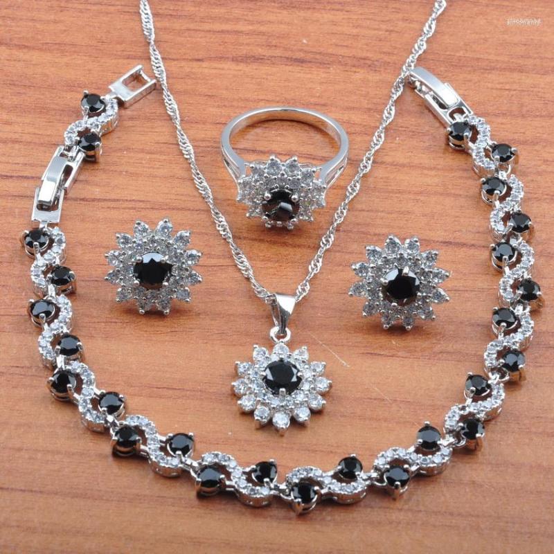 

Necklace Earrings Set 2023 Fashion Silver Color Jewelry Black Zirconia For Women Pendant Rings Bracelet JS0467, Picture shown
