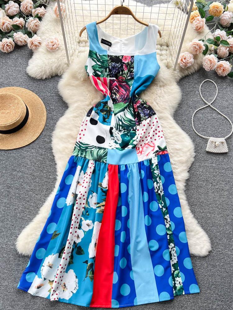 

Casual Dresses Vintage Print Square Collar Vest Dress Dot Contrast Color Sleeveless 2023 Summer Tide Oversized Vestido H200, Lotus root color