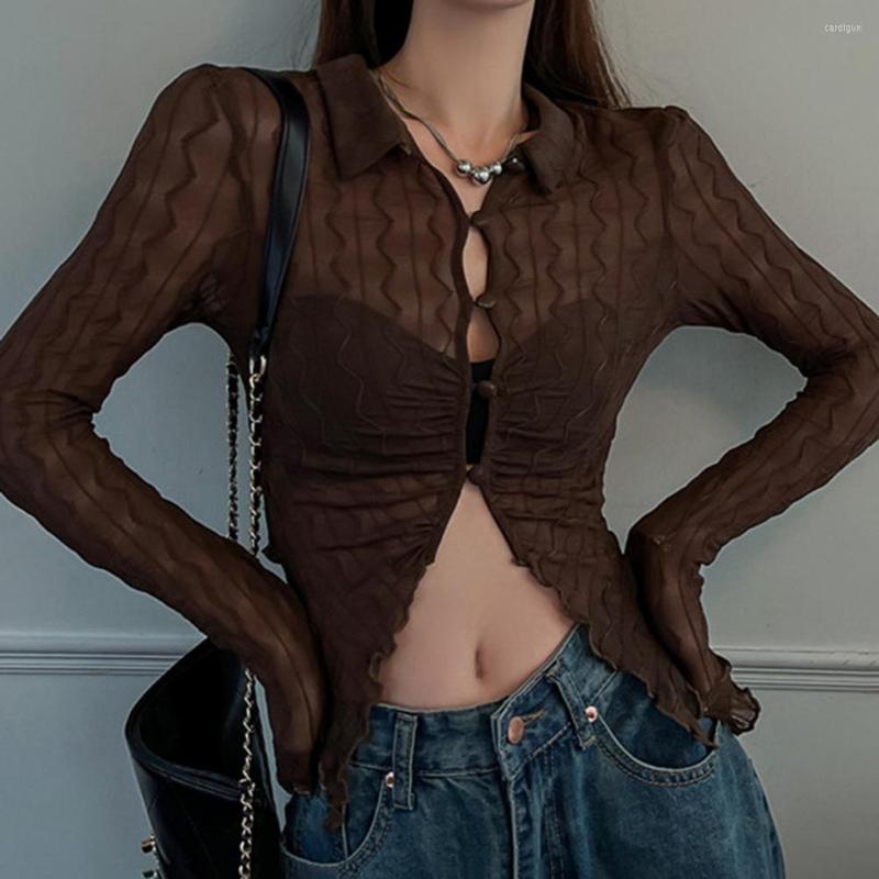 

Women' Blouses Lapel V-neck Long Sleeve Wave Texture Buttons Closure Cardigan Blouse See-through Sexy Thin Top Female Clothing Y2k, Black