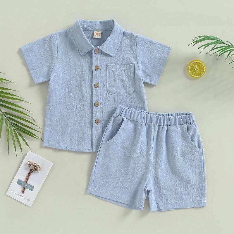 

Clothing Sets Emmababy 2Pcs Toddlers Summer Solid Color Outift Lapel Short Sleeve Single-breasted Tops Shorts Girls Boys Outfit Set, Blue