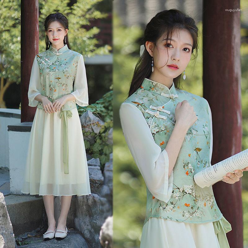 

Ethnic Clothing 2023 Summer Chinese Style Flower Print Girl Cheongsam Jacket Daily Retro Elegant Tang Suit Dress Women Two-piece Set G704