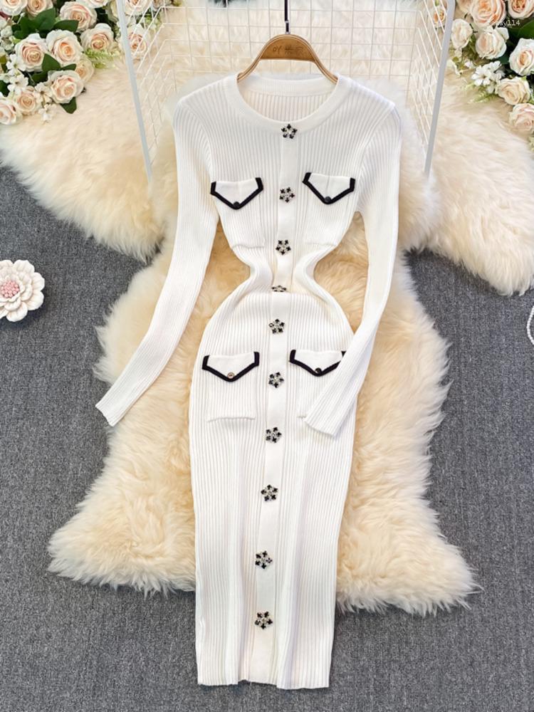 

Party Dresses Small Fragrance Sheath Bodycon Bottomed Sweater Dress Women 2023 Autumn Korean Fashion Casual Knitting Vestidos, Black