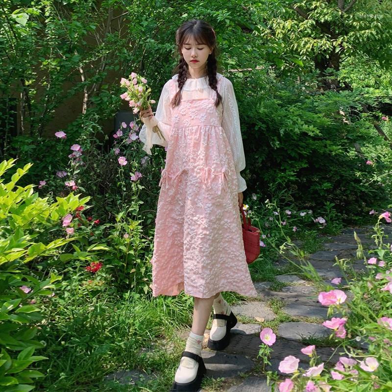 

Casual Dresses Sweet Cute Pink Strap Dress Summer Mori Women'S Kawaii Bow Loose Flower Embossed Bowknot Vestidos Girly Midi 2023, White top