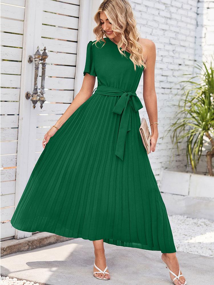 

Party Dresses Green Elegant Long Dress Women Summer Single Shoulder Sleeve Female Solid Slim Lace-up Hem Pleated Midi 2023, White
