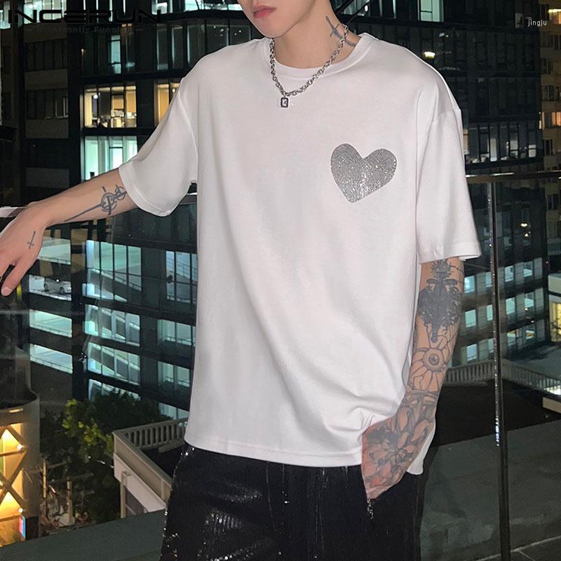 

Men' T Shirts 2023 Men Shirt Sequin Sparkling O-neck Short Sleeve Oversize Male Tee Tops Streetwear Korean Style Clothing INCERUN -5XL, Black