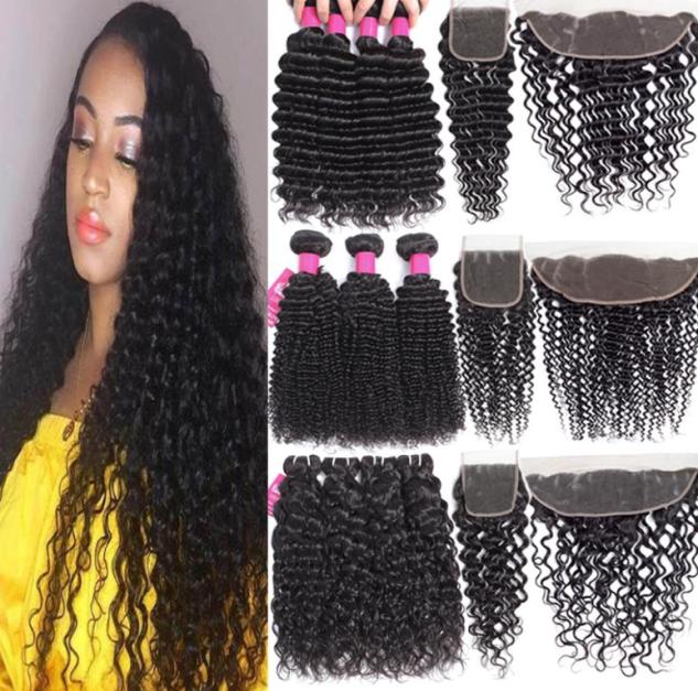 

9A Brazilian Human Hair Bundles With Closures 4X4 Lace Closure Or 13X4 Lace Frontal Closure Kinky Curly Deep Wave Bundles With Clo7229291, Ombre color