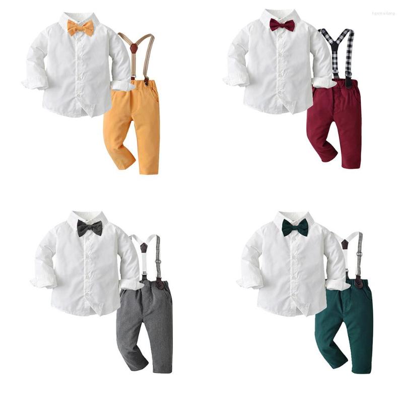 

Clothing Sets Spring&Autumn Children Boys Suspender Outfit Toddler Boy Gentleman Long Sleeve White Shirt Suspenders Pants Clothes, Gray