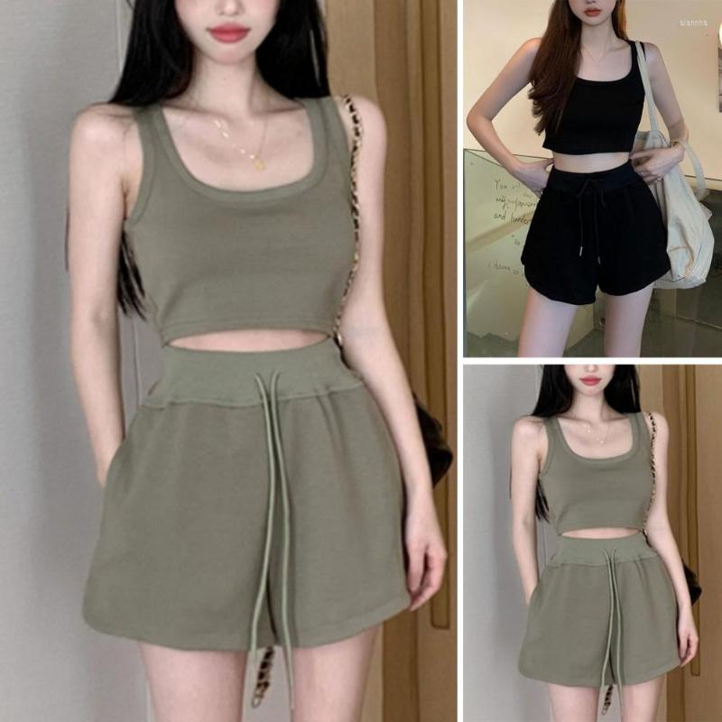 

Women's Tracksuits 1 Set Casual Women Top Shorts Sleeveless Drawstring Two Piece Solid Color Summer Tracksuit Outfit Sportswear, Army green