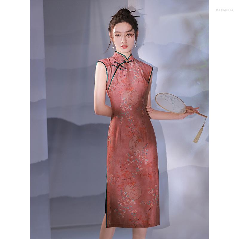 

Ethnic Clothing Summer Sexy Silk Stand Collar Sleeveless Cheongsam Dresses Women Retro Shanghai Dress Qipao Classical Oriental Dance