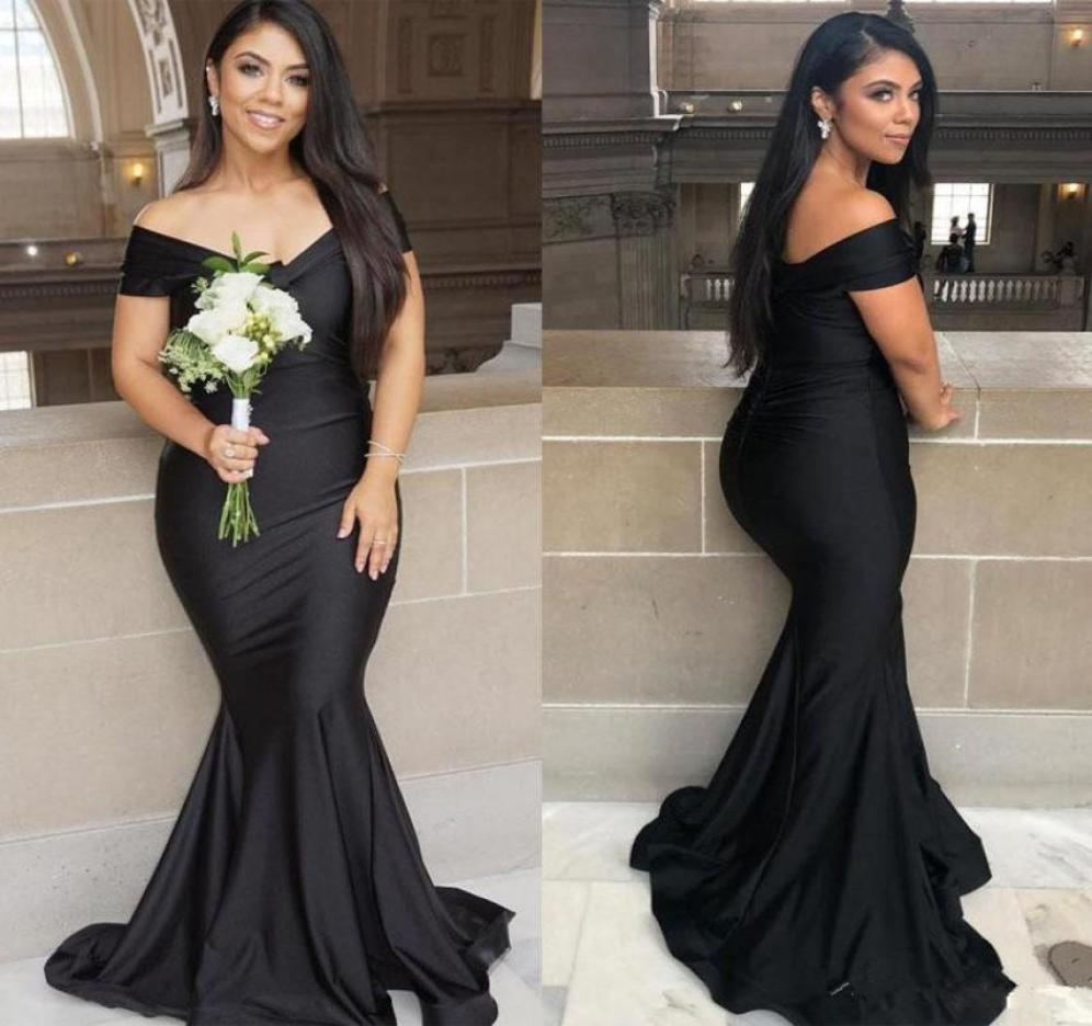 

New Fashion Cheap Black Mermaid Bridesmaid Dresses Off the Shoulder Vneck Zipper Back Maid Of Honor Dress Sweep Train Satin Eveni3062610